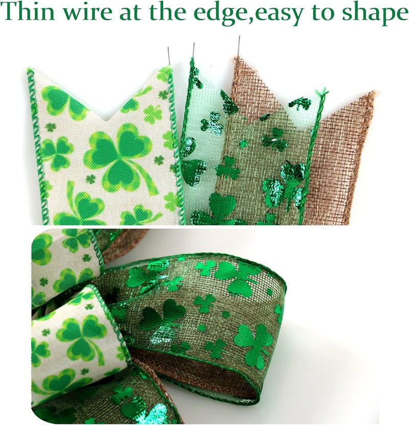 Hongsome St Patricks Day Bow for Wreath Decorations,St Patricks Day Tree Topper Bows,Large Burlap White Green Glitter Shamrock Bowknot Irish Holiday Crafts Bows for Front Door Outdoor Outside - Image 3